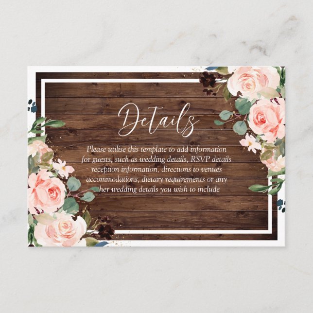 Beautiful Blush Flowers & Rustic Wood Wedding Enclosure Card (Front)