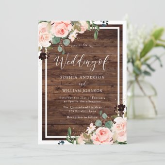 Beautiful Blush Flowers & Rustic Wood Wedding Invitation | Zazzle