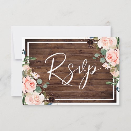 Beautiful Blush Flowers  Rustic Wood Wedding RSVP Card