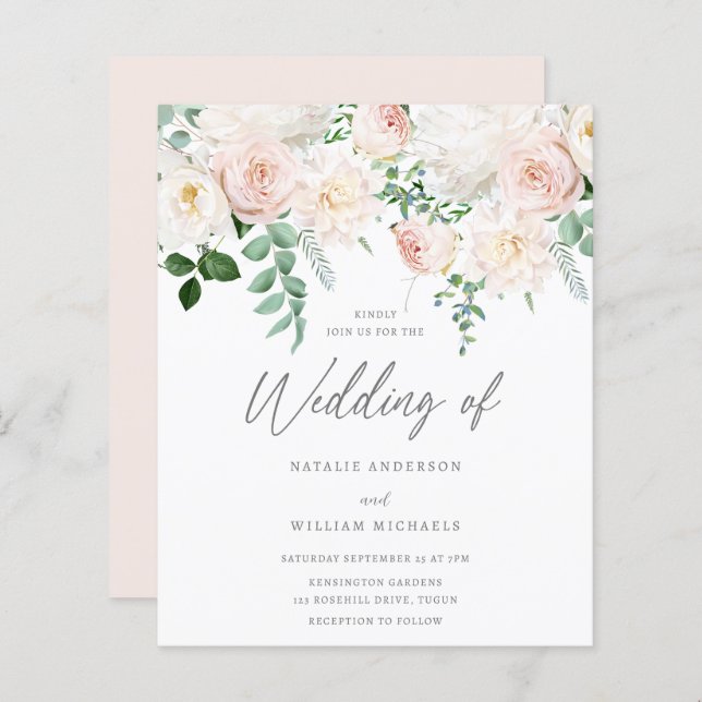 Beautiful Blush Garden Wedding Budget Invite (Front/Back)
