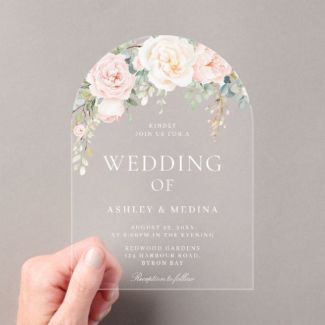 Beautiful Blush & Ivory Floral Wedding Acrylic Invitations (Insitu (Handheld))
