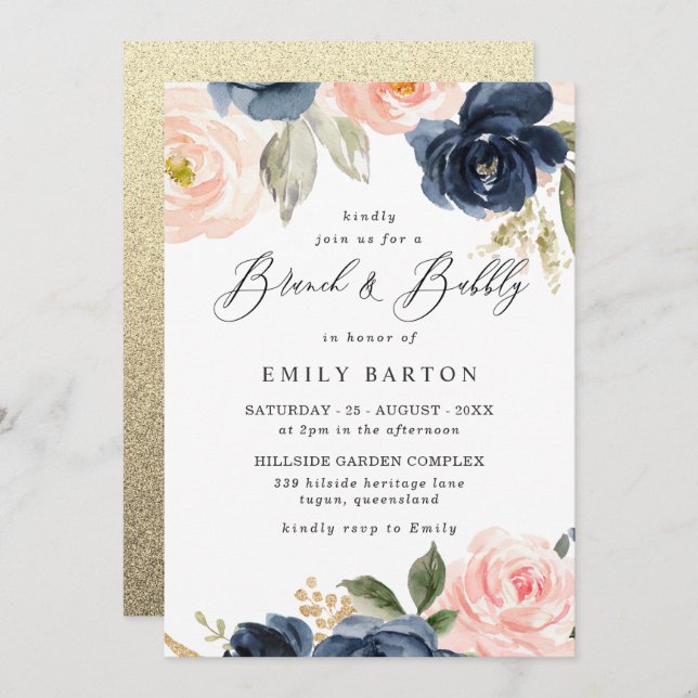 Beautiful Blush Navy Bridal Shower Brunch & Bubbly Invitation (Front/Back)