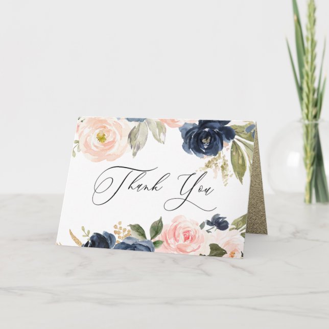 Beautiful Blush & Navy Floral Spring Wedding Thank You Card (Front)