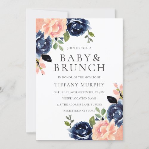 Beautiful Blush  Navy Flowers Baby Shower Brunch Invitation