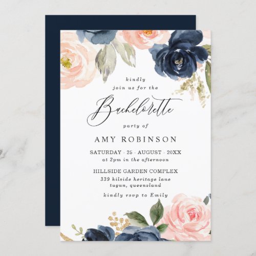 Beautiful Blush  Navy Flowers Bachelorette Party Invitation