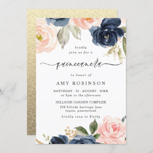 Beautiful Blush & Navy Flowers Quinceanera Party Invitation