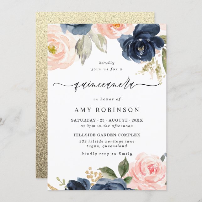 Beautiful Blush & Navy Flowers Quinceanera Party Invitation (Front/Back)