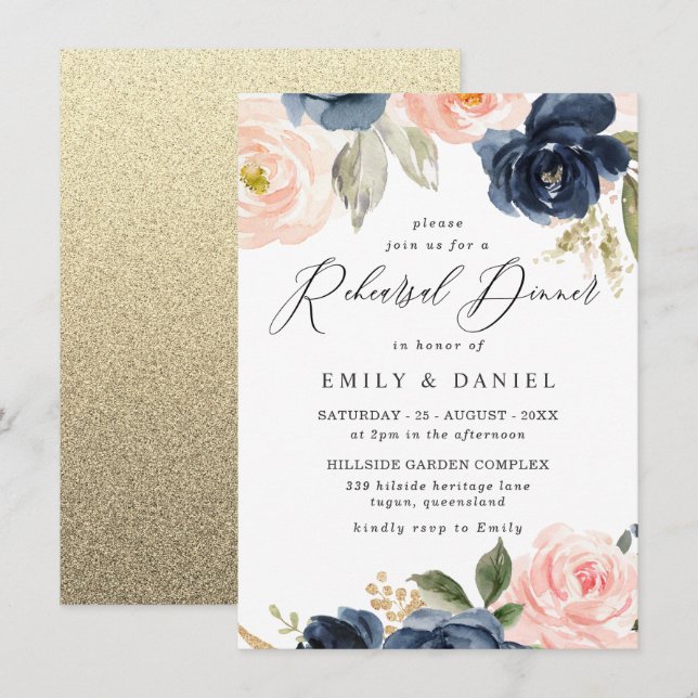 Beautiful Blush & Navy Flowers Rehearsal Dinner Invitation (Front/Back)