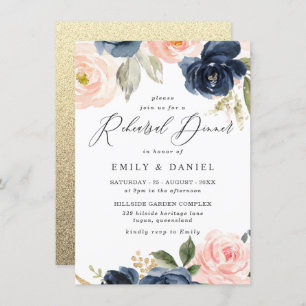Beautiful Blush & Navy Flowers Rehearsal Dinner Invitation