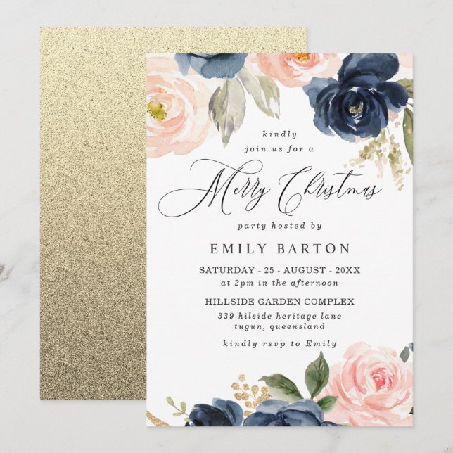 Beautiful Blush & Navy Merry Christmas Party Invitation (Front/Back)
