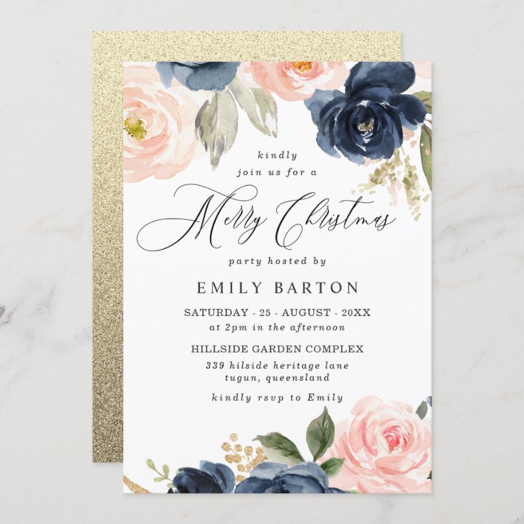 Beautiful Blush & Navy Merry Christmas Party Invitation | Zazzle