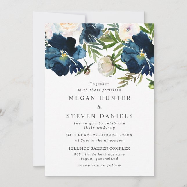 Beautiful Blush & Navy Watercolor Flowers Wedding Invitation (Front)