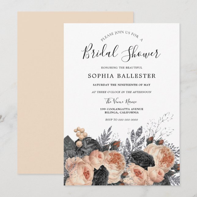 Beautiful Blush Peach Elegant Floral Bridal Shower Invitation (Front/Back)