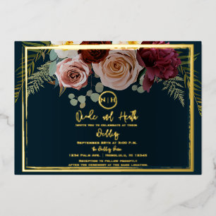 Beautiful Blush Pink Burgundy Floral Navy Wedding Foil Invitation