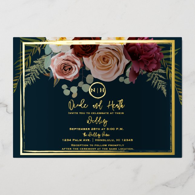 Beautiful Blush Pink Burgundy Floral Navy Wedding  Foil Invitation (Front)