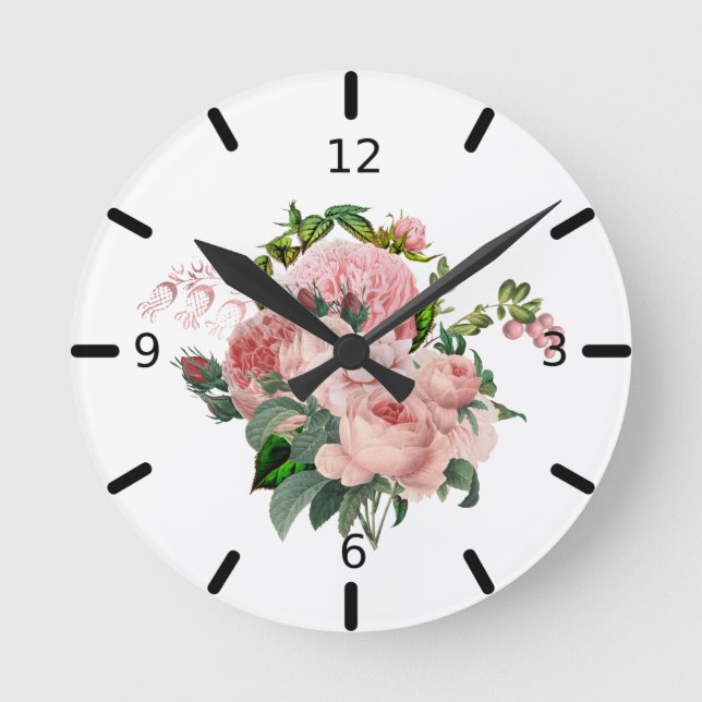 Beautiful Blush Pink Floral Bouquet Round Clock (Front)
