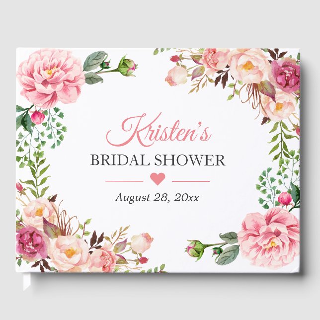Beautiful Blush Pink Floral Bridal Shower Guest Book (Front)