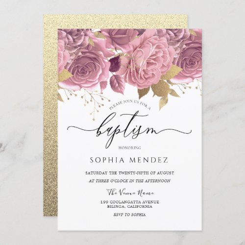 Beautiful Blush Pink Floral Gold Girls Baptism Invitation