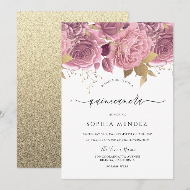 Beautiful Blush Pink Floral Gold Quinceanera Invitation (Front/Back)