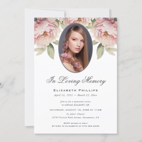 Beautiful Blush Pink Floral Photo Memorial Service Invitation
