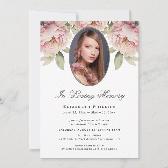 Beautiful Blush Pink Floral Photo Memorial Service Invitation (Front)