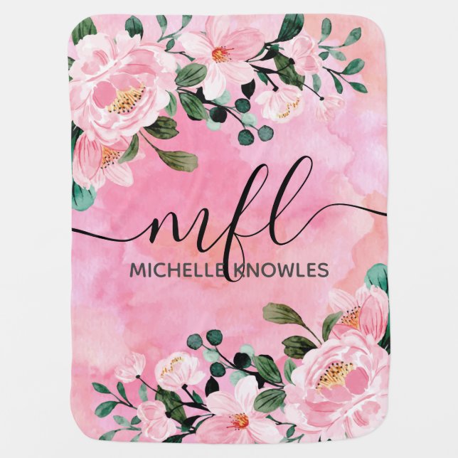 Beautiful Blush Pink Floral Trendy Script monogram Baby Blanket (Front)