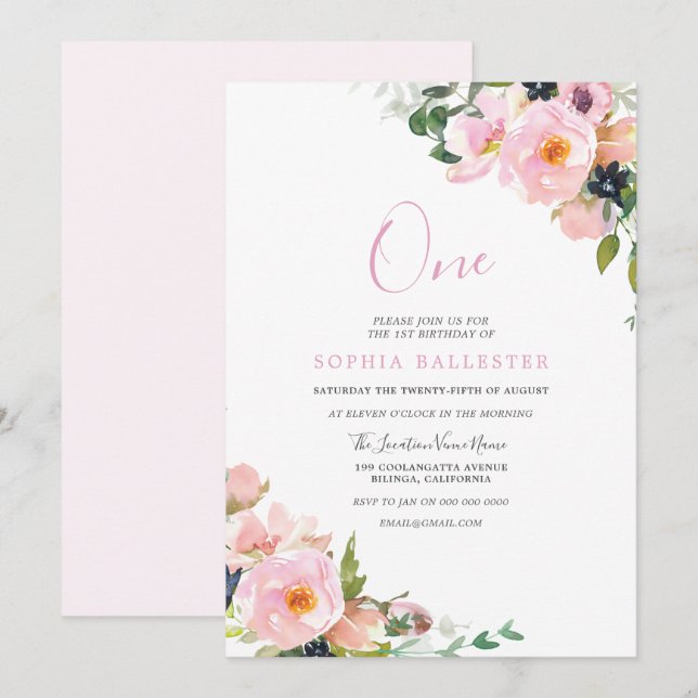 Beautiful Blush Pink Flowers Girls 1st Birthday Invitation (Front/Back)