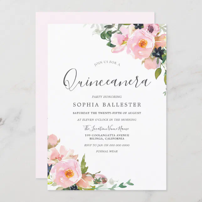 Beautiful Blush Pink Flowers Quinceanera Party Invitation | Zazzle