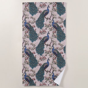 Beautiful Blush Pink Peacocks and Magnolia Flowers Beach Towel