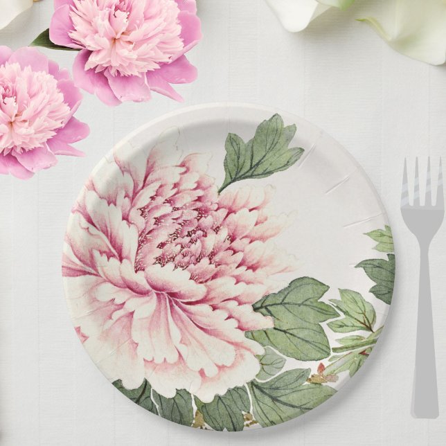Beautiful Blush Pink Peony Romantic Floral Paper Plates (Pretty pink peony floral paper plates to grace your wedding, shower or special event.)