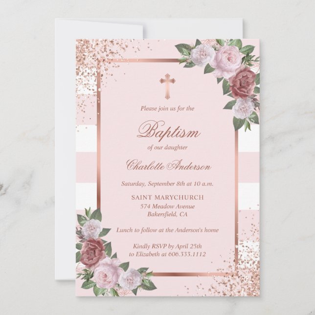 Beautiful Blush Pink Rose Gold Floral Baptism Invitation (Front)