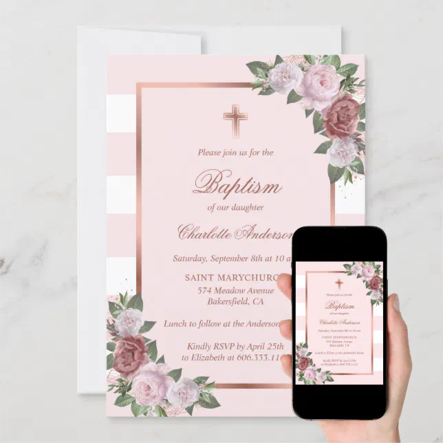 Beautiful Blush Pink Rose Gold Floral Baptism Invitation Zazzle