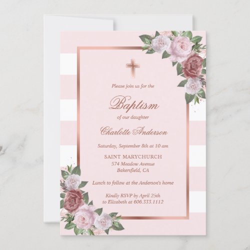 Beautiful Blush Pink Rose Gold Floral Baptism Invitation