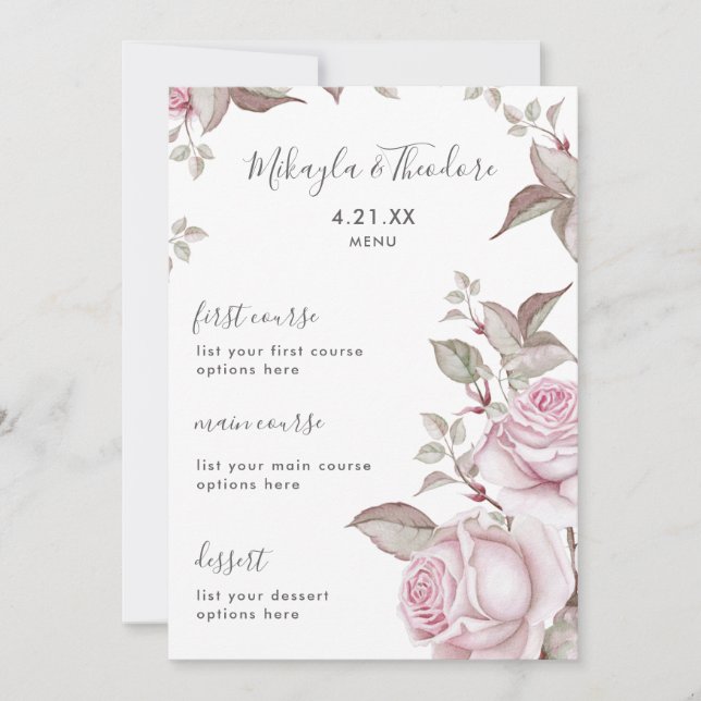 Beautiful Blush Pink Roses Wedding Menu (Front)