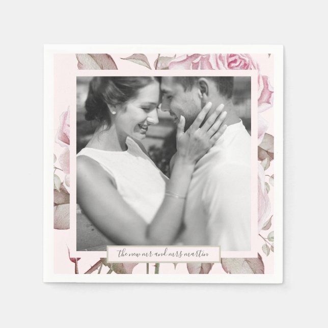 Beautiful Blush Pink Roses with Photo Wedding Napkins (Front)