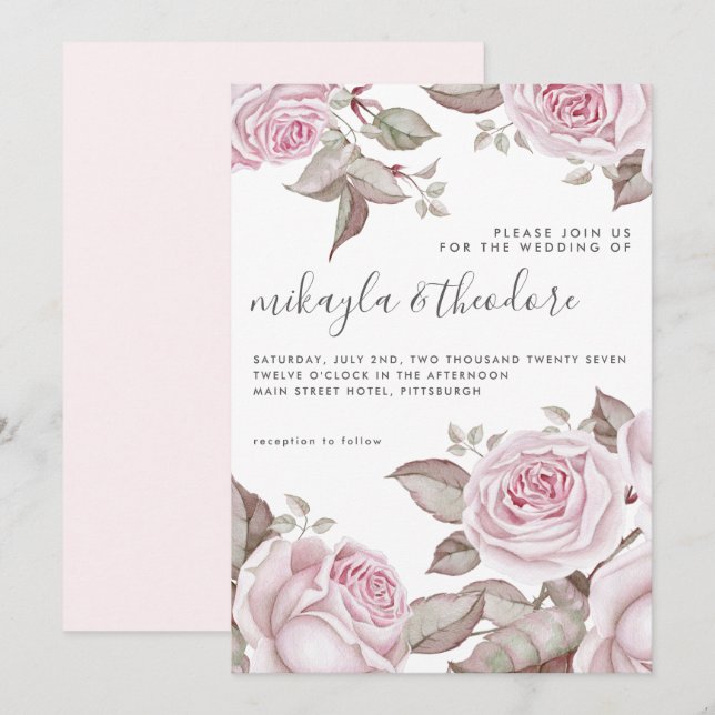 Beautiful Blush Pink Watercolor Roses Wedding Invitation (Front/Back)