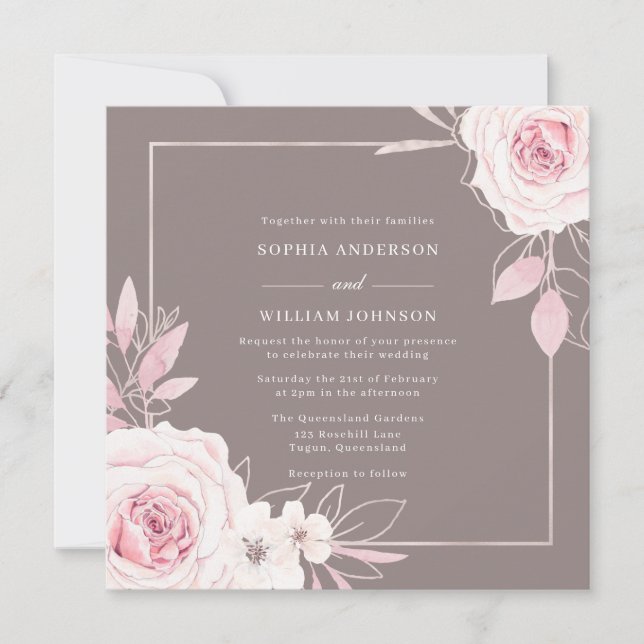 Beautiful Blush Rose Dusty Purple Wedding Invitation (Front)