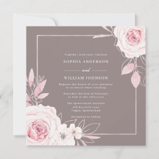 Beautiful Blush Rose Dusty Purple Wedding Invitation