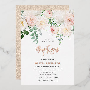 Beautiful Blush & Rose Gold Baby Girl Boy Baptism Foil Invitation