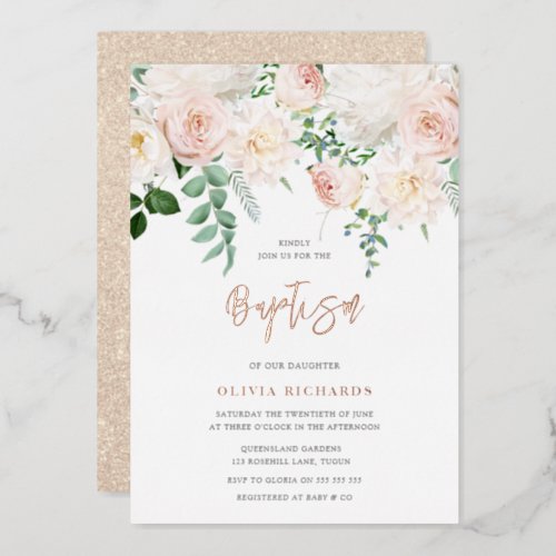 Beautiful Blush  Rose Gold Baby Girl Boy Baptism Foil Invitation