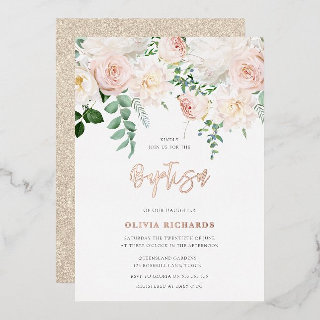 Beautiful Blush & Rose Gold Baby Girl Boy Baptism Foil Invitation (Front/Back)