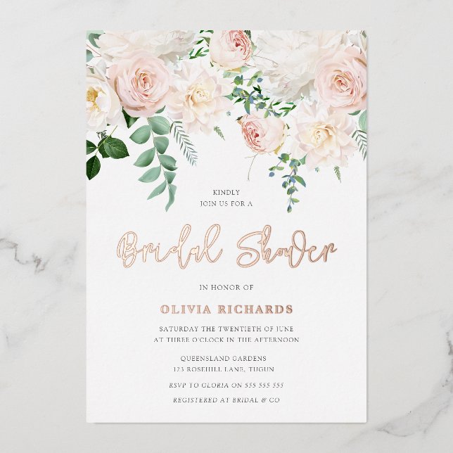 Beautiful Blush & Rose Gold Bridal Shower Foil Invitation (Front)