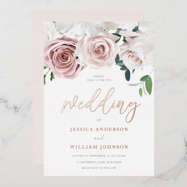 Beautiful Blush Roses Elegant Wedding Rose Gold Foil Invitation (Front/Back)
