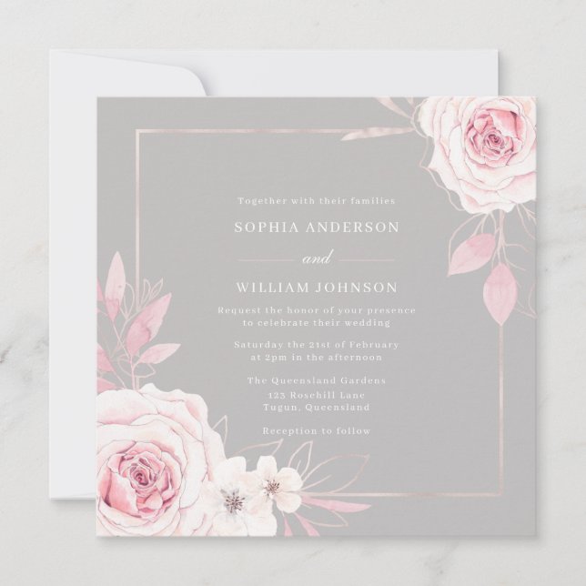 Beautiful Blush Roses Modern Frame Wedding Invitation (Front)