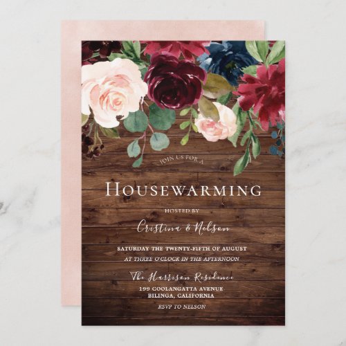 Beautiful Blush Rustic Burgundy Housewarming Party Invitation