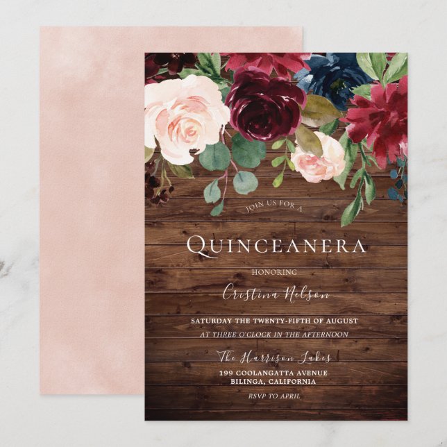 Beautiful Blush Rustic Burgundy Quinceanera Party Invitation (Front/Back)