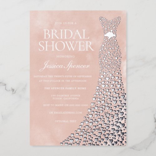 Beautiful Blush Silver Heart Dress Bridal Shower Foil Invitation