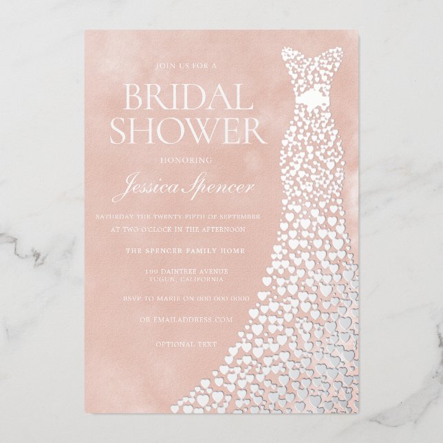 Beautiful Blush Silver Heart Dress Bridal Shower Foil Invitation (Front)