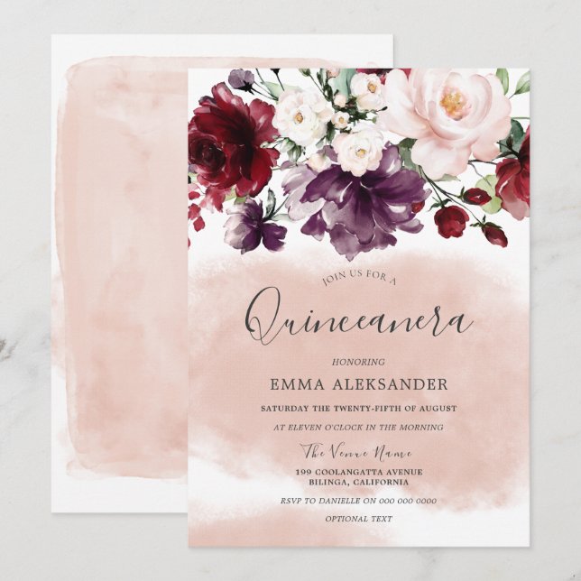Beautiful Blush Watercolor Botanical Quinceanera Invitation (Front/Back)