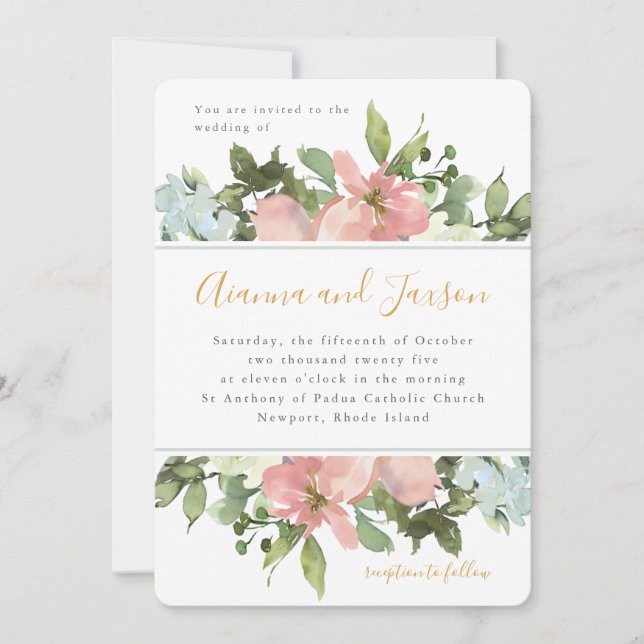 Beautiful Blush Watercolor Floral Wedding Invitation (Front)